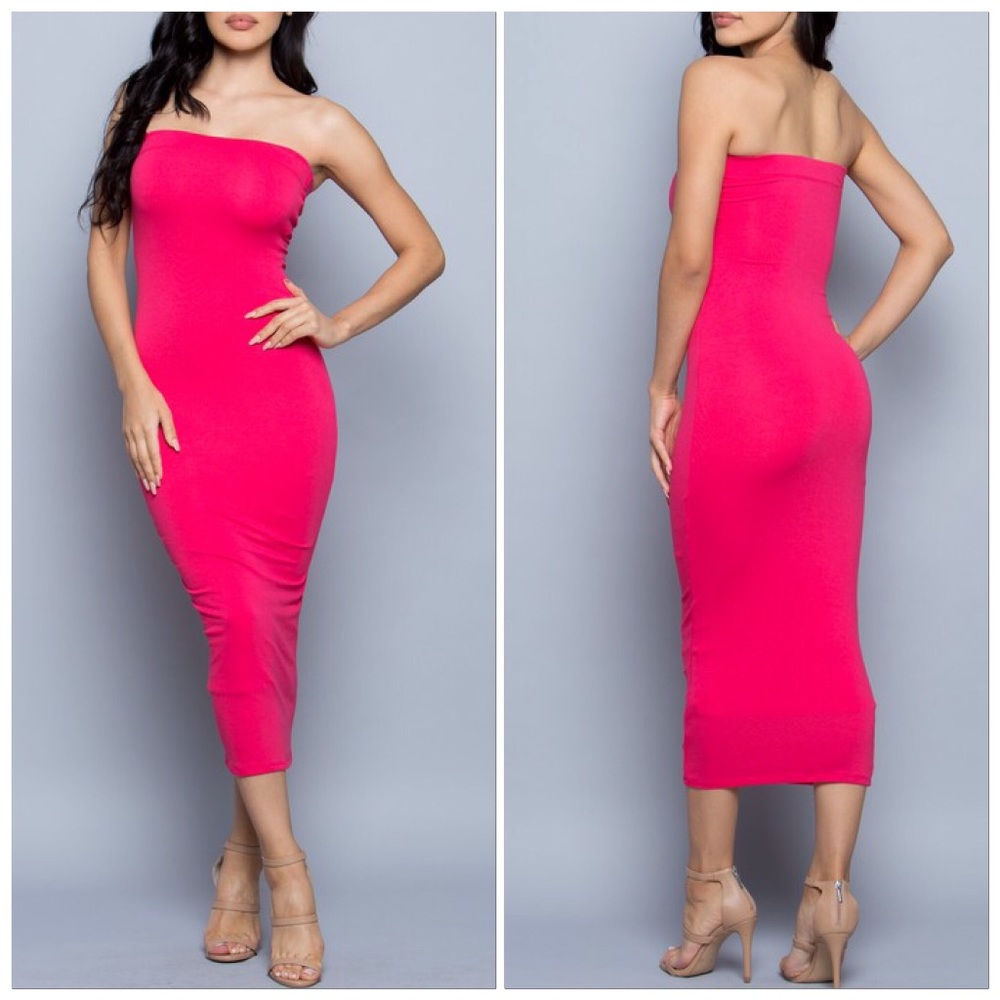 🆕Barbie Pink Tube Fitted Maxi Like Midi Dress